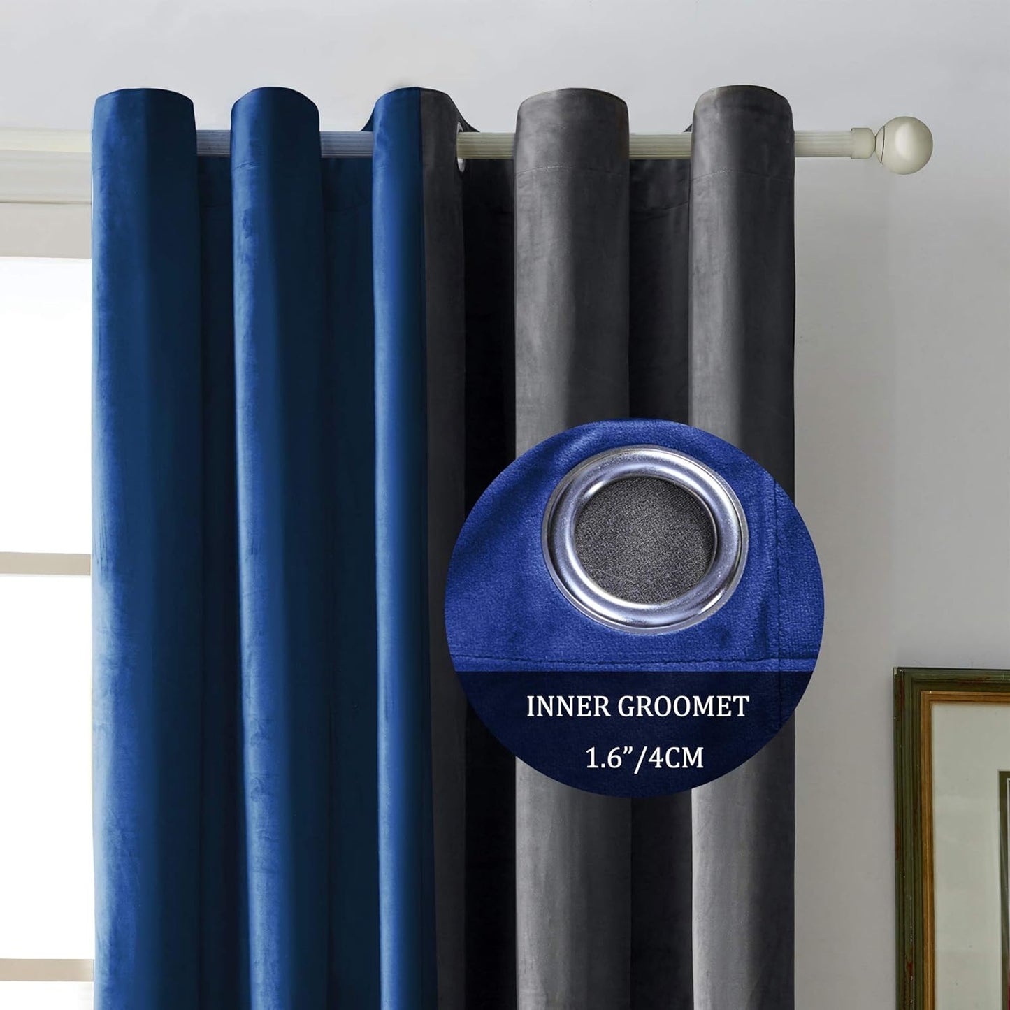 Grey Blue Two Tone Velvet Eyelet Curtains for Bedroom, Living Room