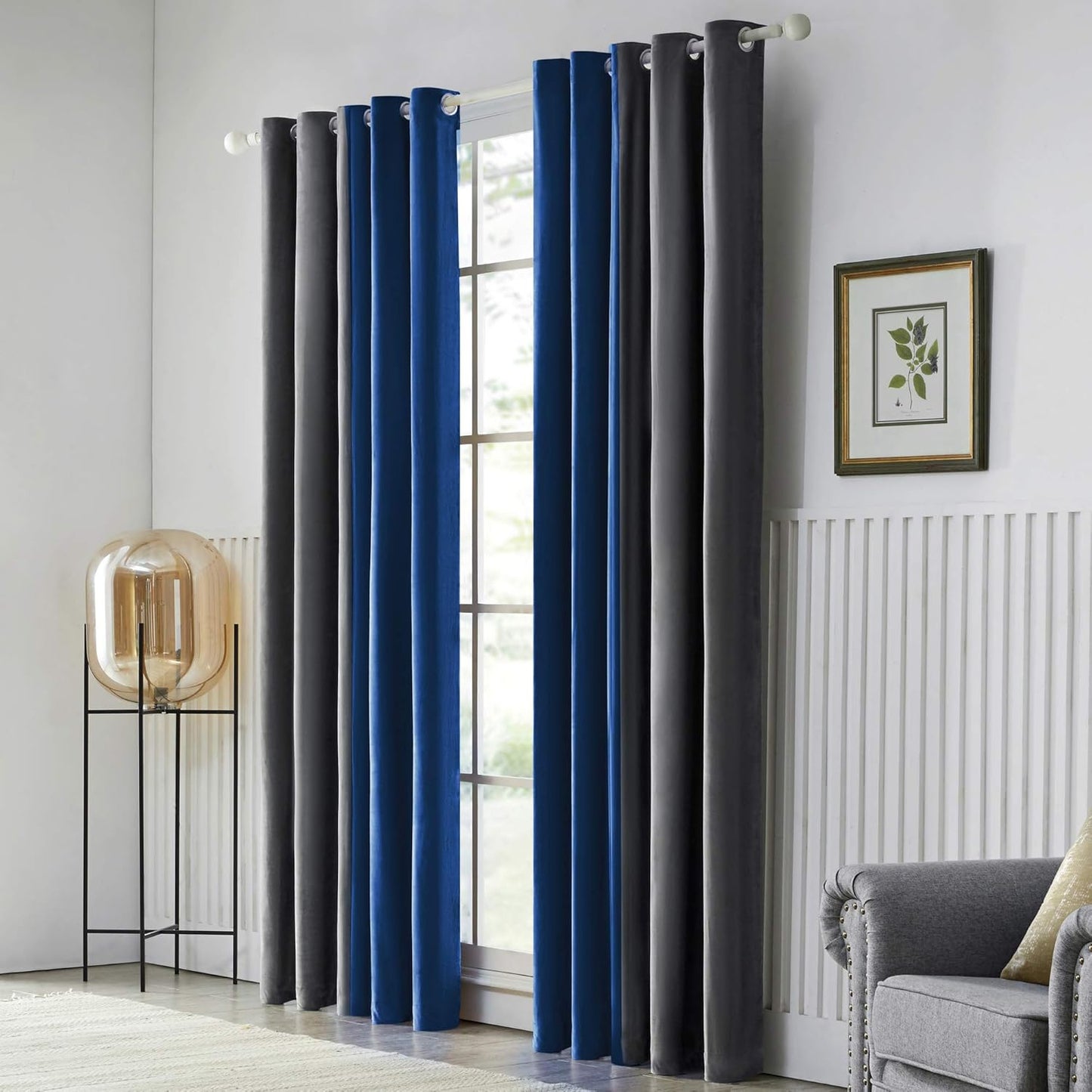 Grey Blue Two Tone Velvet Eyelet Curtains for Bedroom, Living Room