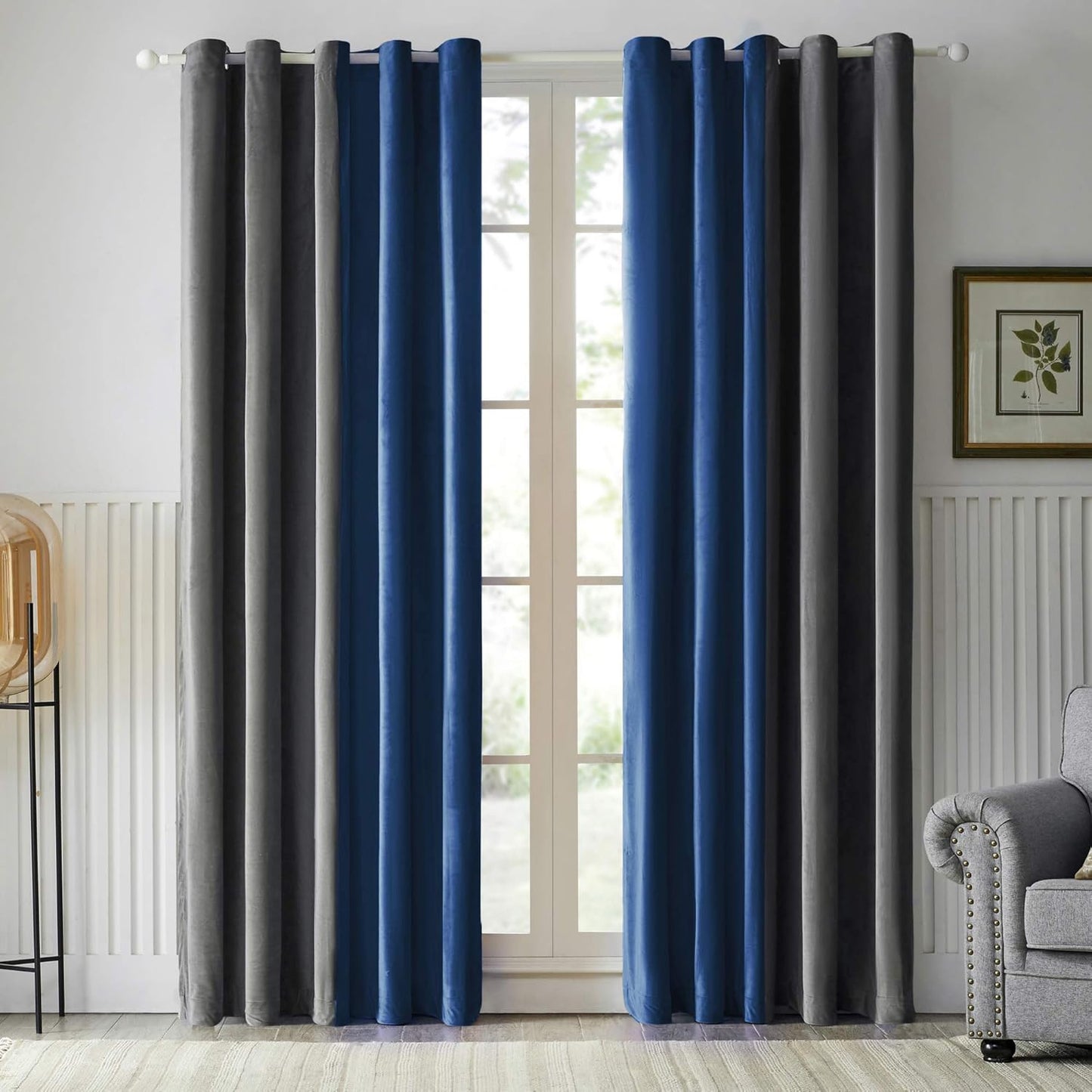 Grey Blue Two Tone Velvet Eyelet Curtains for Bedroom, Living Room