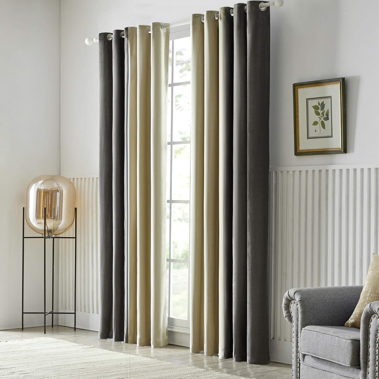 Grey Ivory Two Tone Velvet Eyelet Curtains for Bedroom, Living Room