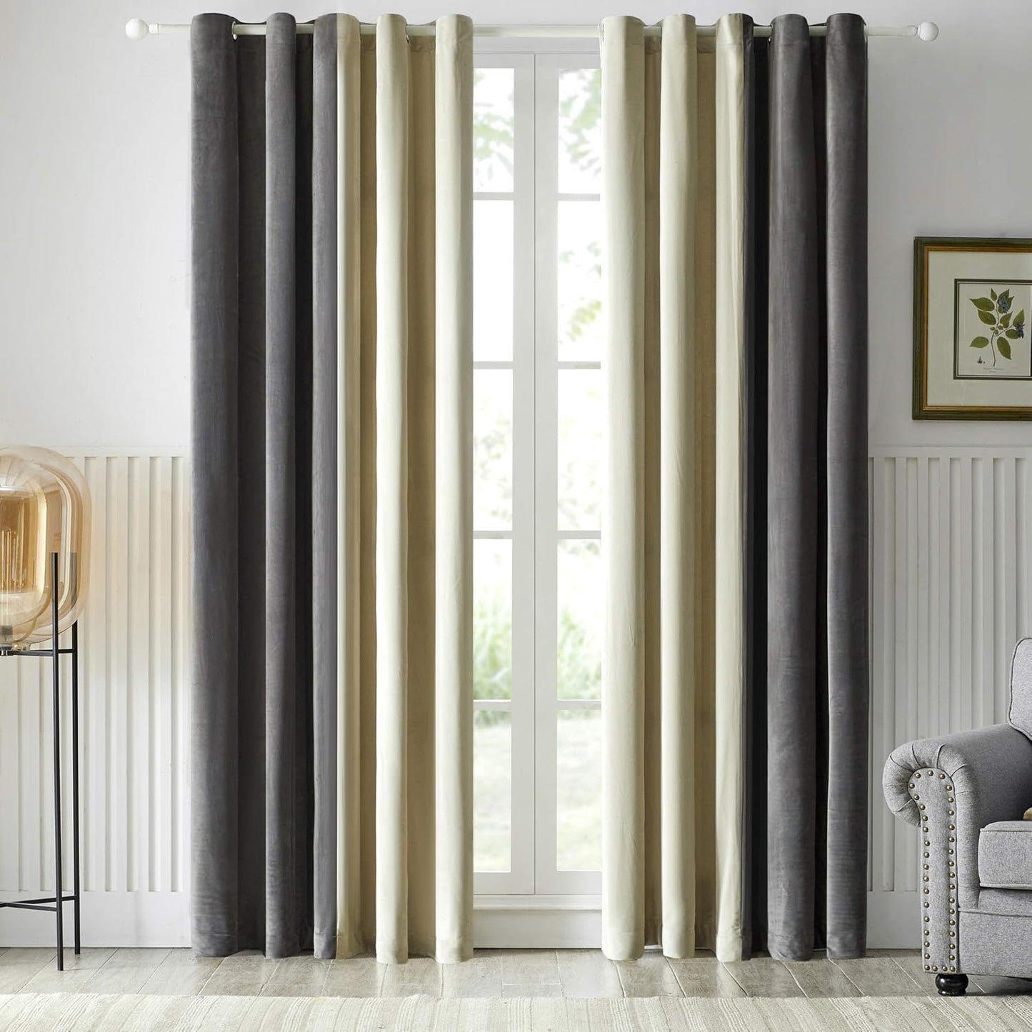 Grey Ivory Two Tone Velvet Eyelet Curtains for Bedroom, Living Room