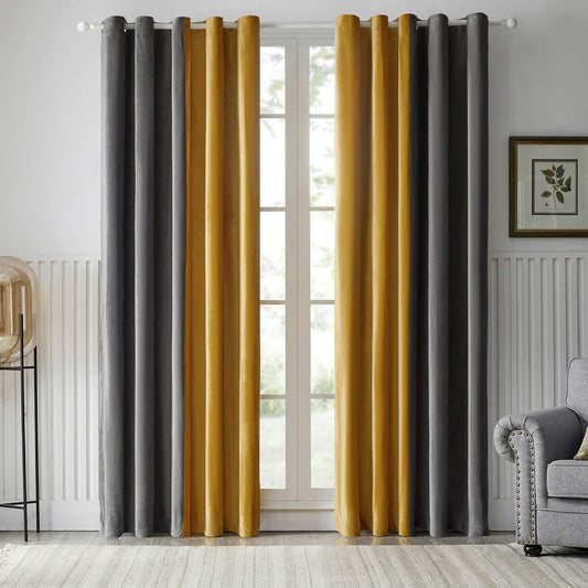 Grey Mustard Two Tone Velvet Eyelet Curtains for Bedroom, Living Room