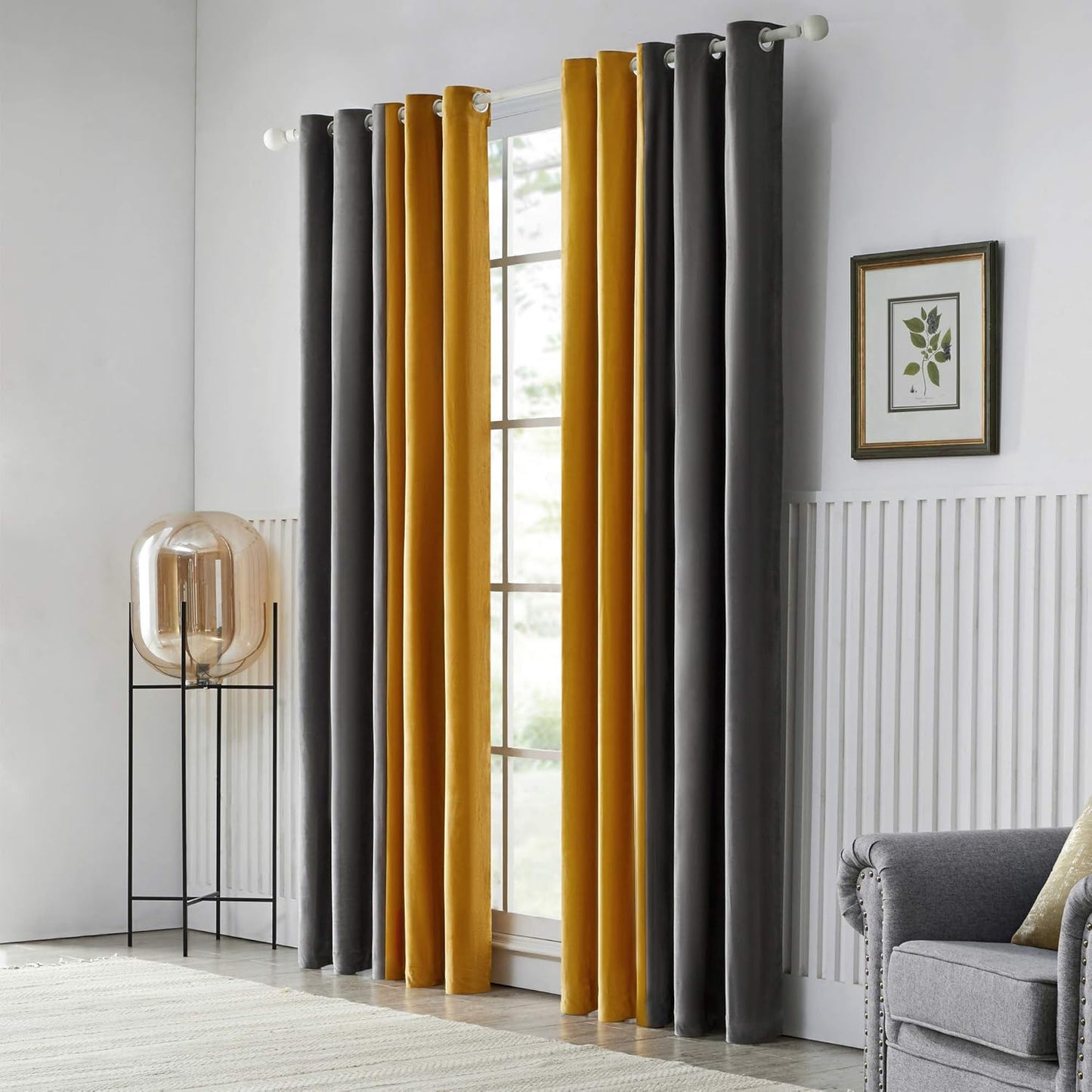 Grey Mustard Two Tone Velvet Eyelet Curtains for Bedroom, Living Room