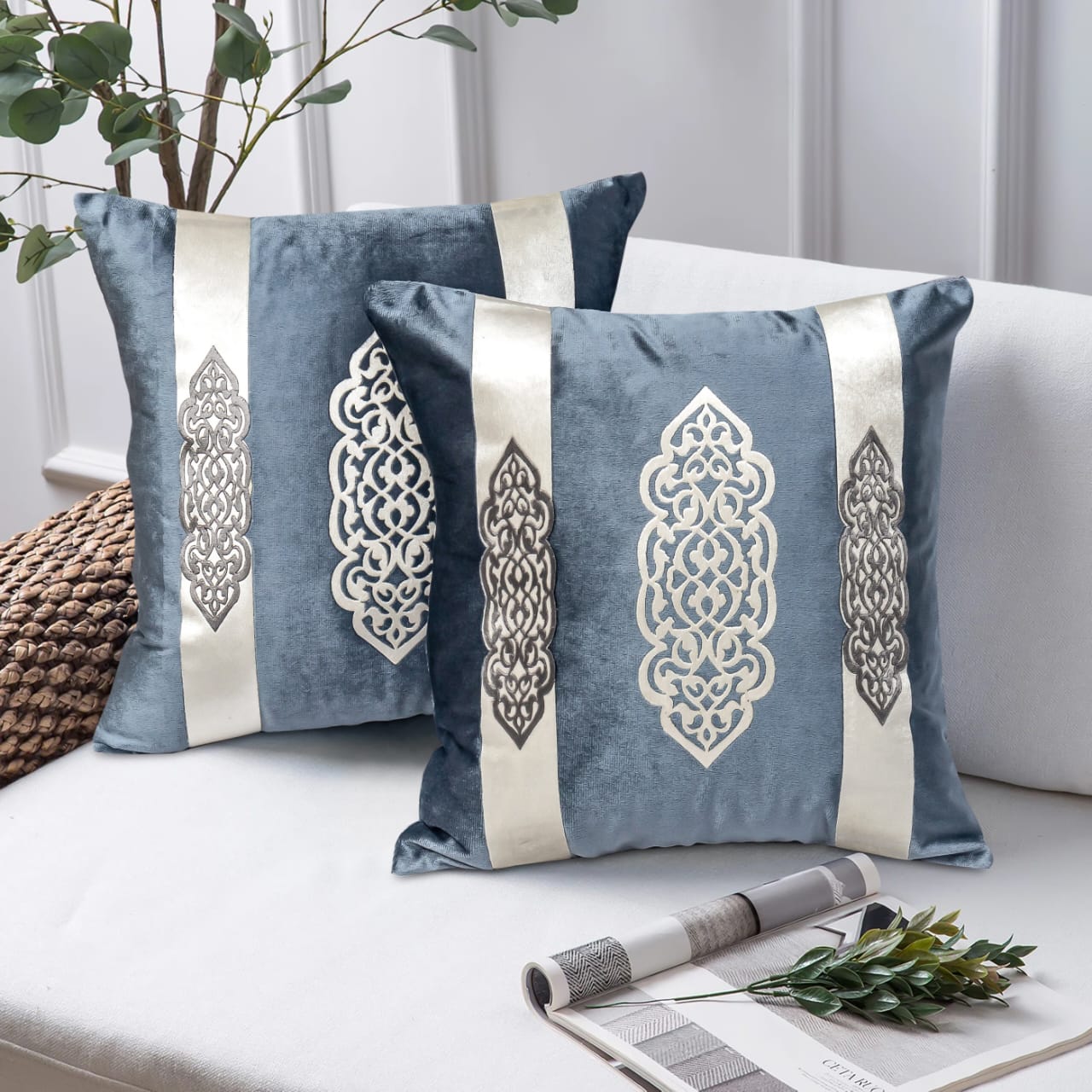 Elegant Design Motif Patch Velvet Cushion Cover