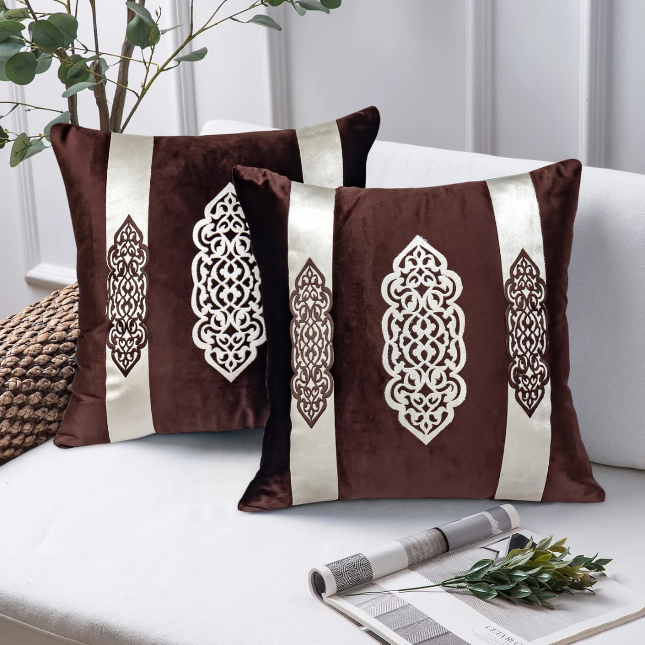 Elegant Design Motif Patch Velvet Cushion Cover