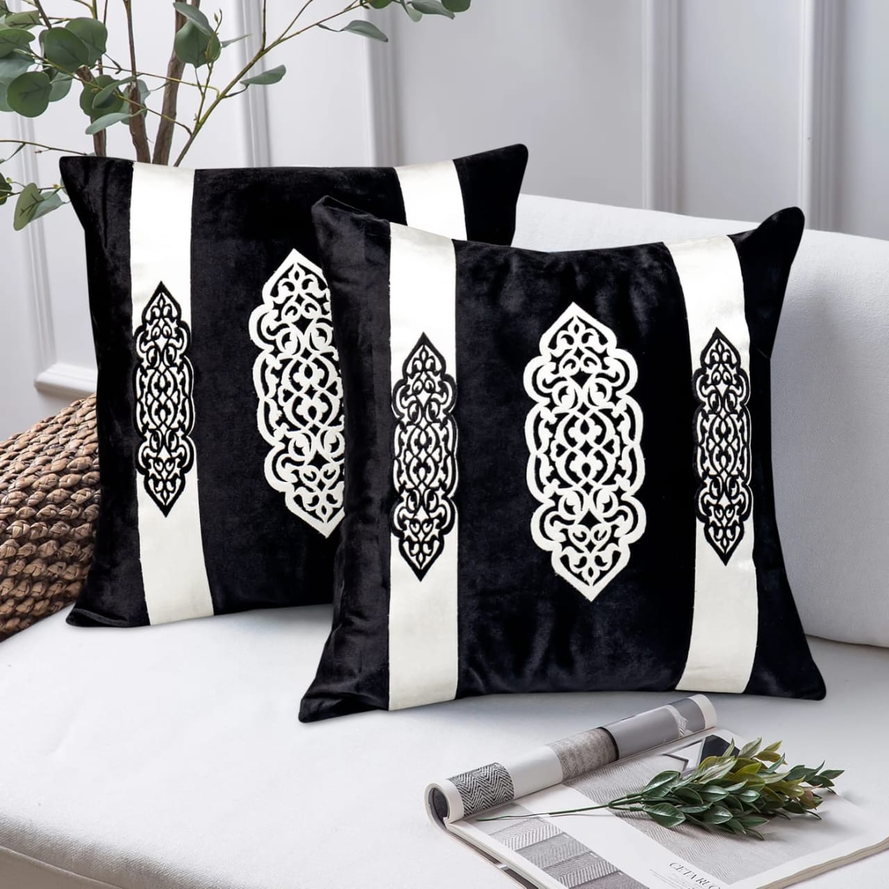 Elegant Design Motif Patch Velvet Cushion Cover