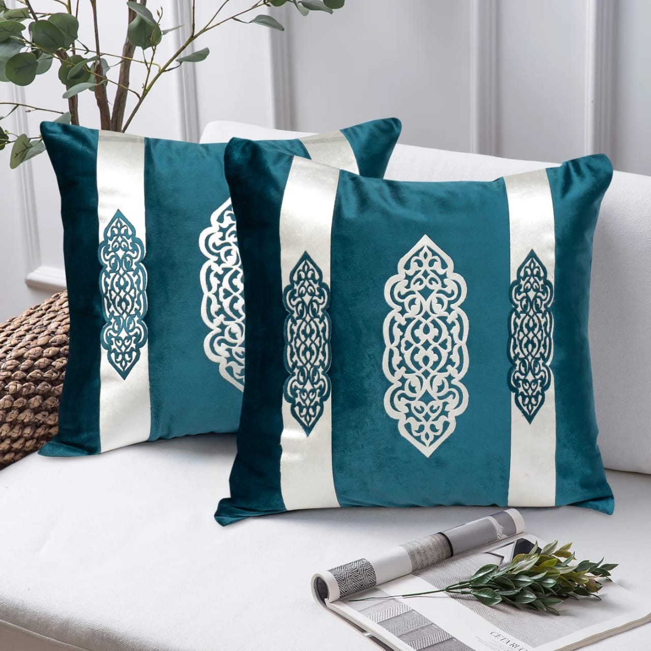 Elegant Design Motif Patch Velvet Cushion Cover