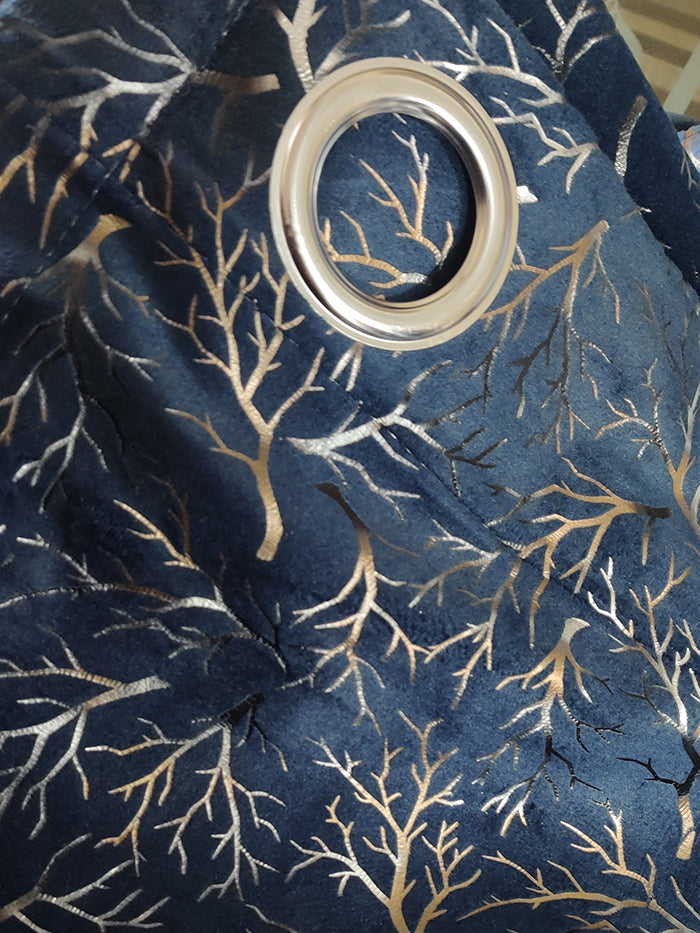 Navy Blue Tree Pattern Premium Velvet Curtain