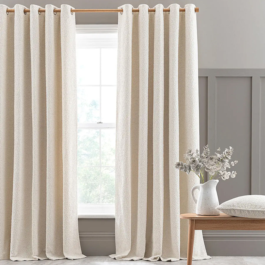 Ivory Boucle Plain Eyelet Curtains - Pair