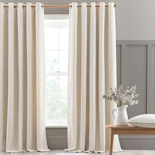 Ivory Boucle Plain Eyelet Curtains - Pair