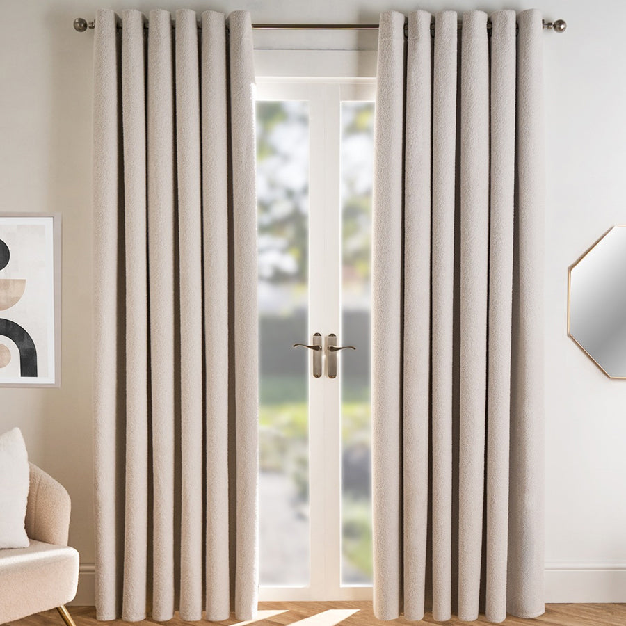 Light Beige Boucle Plain Eyelet Curtains - Pair