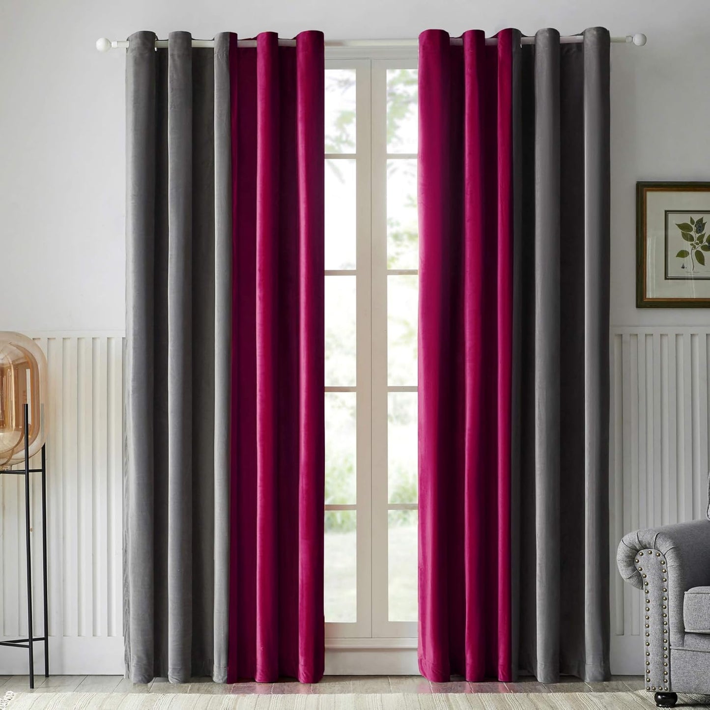 Grey Maroon Two Tone Velvet Eyelet Curtains for Bedroom, Living Room