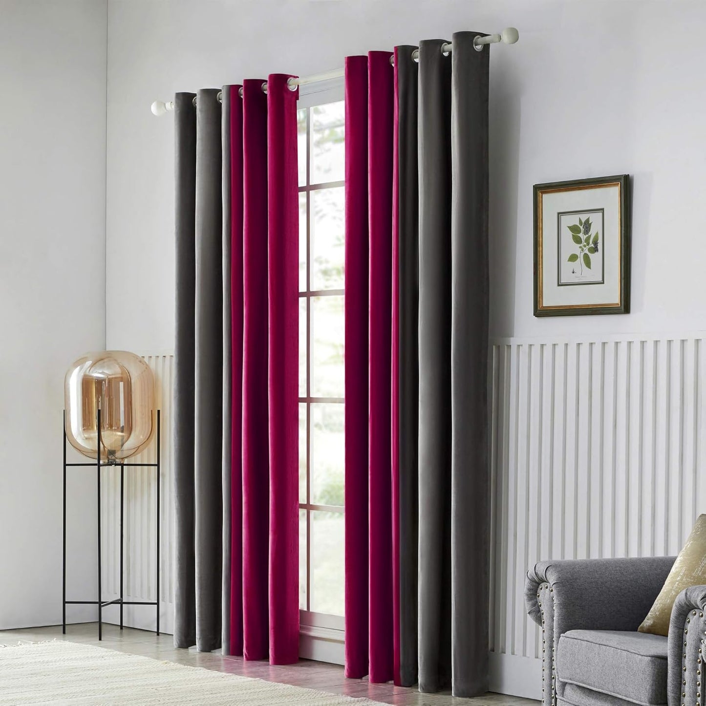 Grey Maroon Two Tone Velvet Eyelet Curtains for Bedroom, Living Room