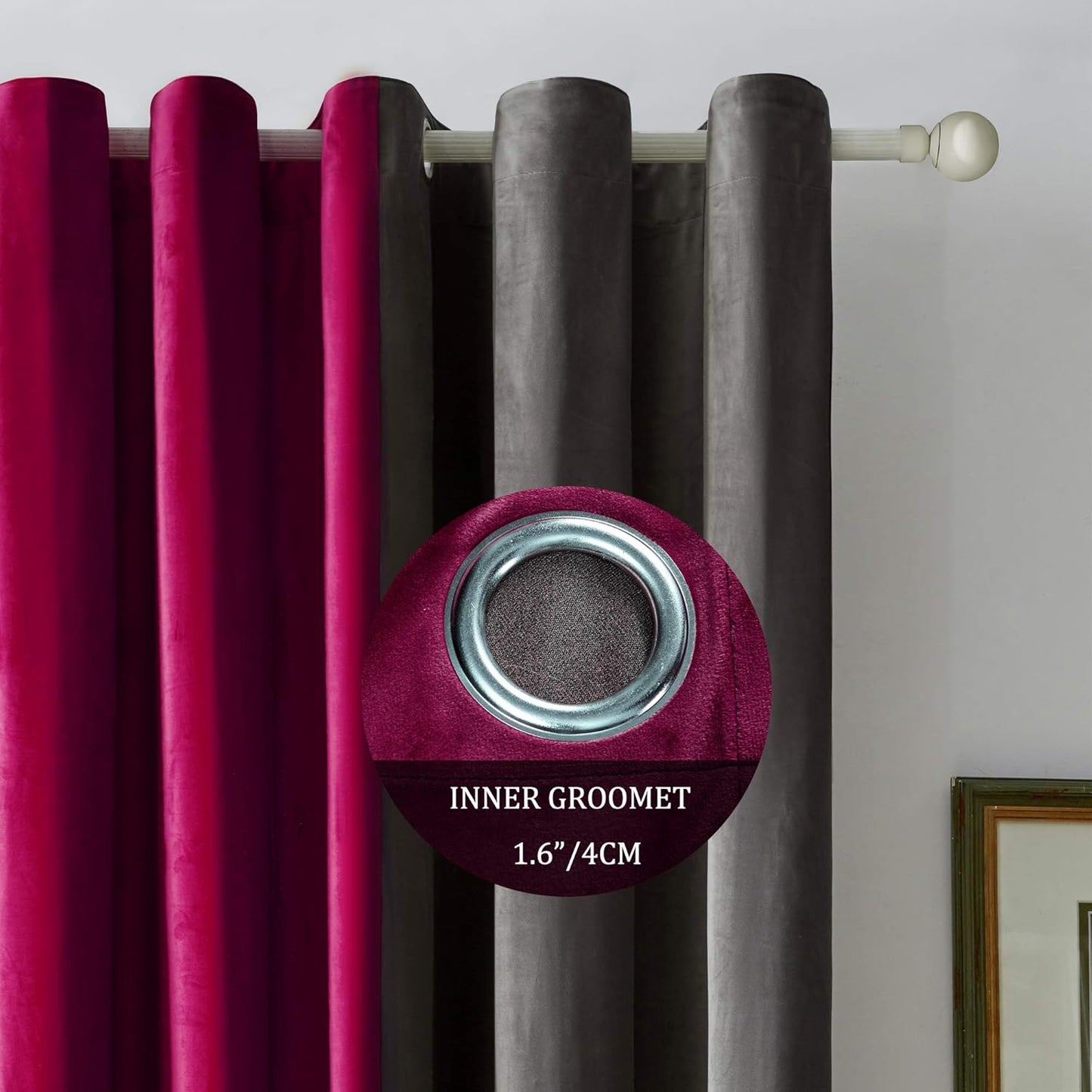 Grey Maroon Two Tone Velvet Eyelet Curtains for Bedroom, Living Room