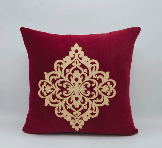 Maroon Velvet Laser Patch Motif Cushion Cover