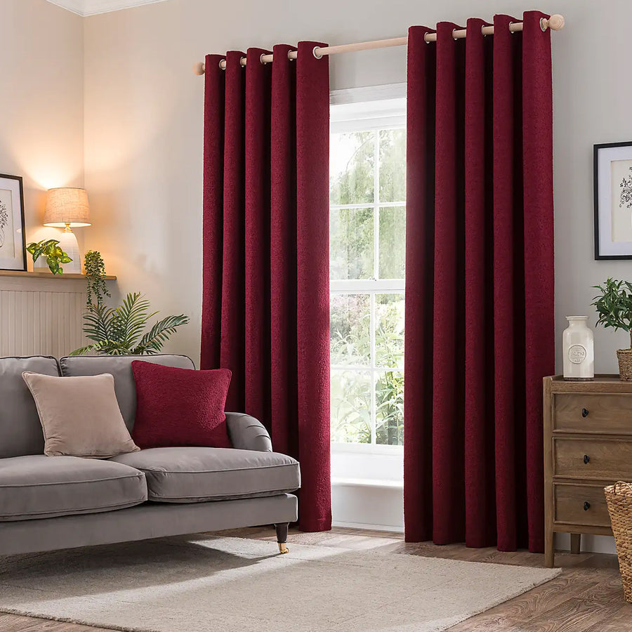 Mulberry Maroon Boucle Plain Eyelet Curtains - Pair