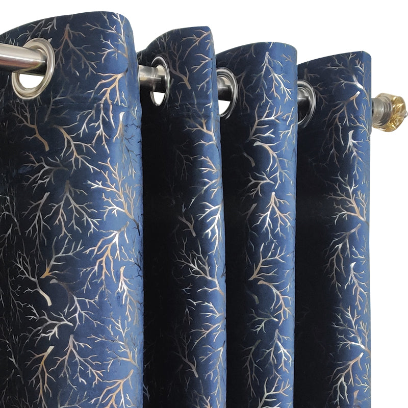 Navy Blue Tree Pattern Premium Velvet Curtain