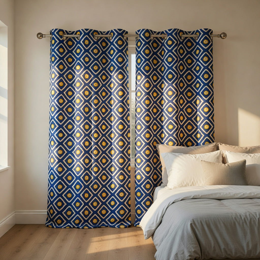 Blue Printed Duck Cotton Curtain Panel
