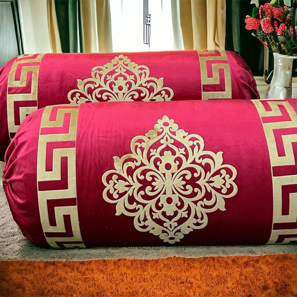 Red Velvet Round Pillow Cover Bolster Case - Pack of 2