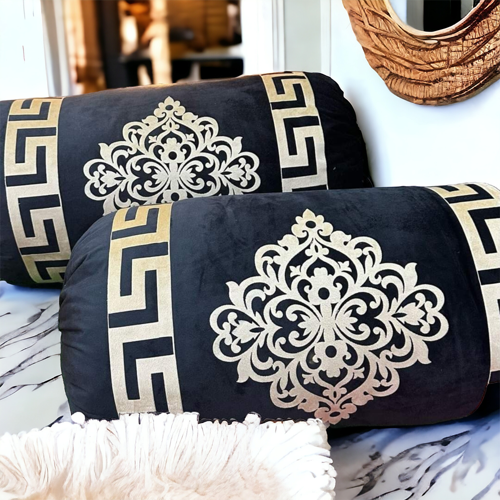 Black Velvet Round Pillow Cover Bolster Case - Pack of 2