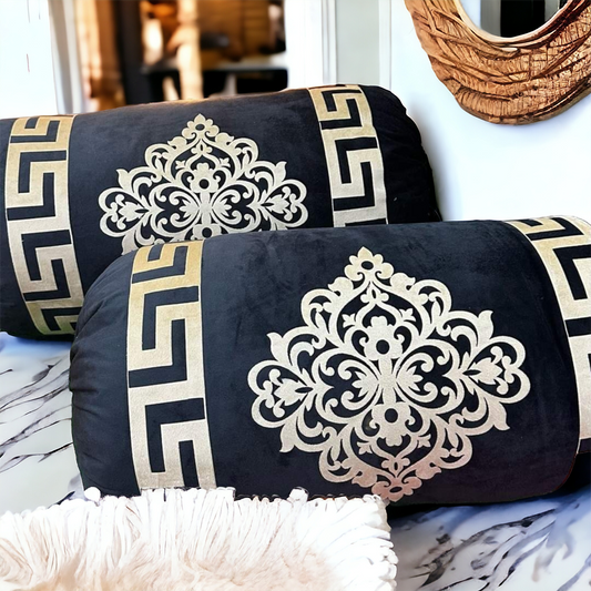 Black Velvet Round Pillow Cover Bolster Case - Pack of 2