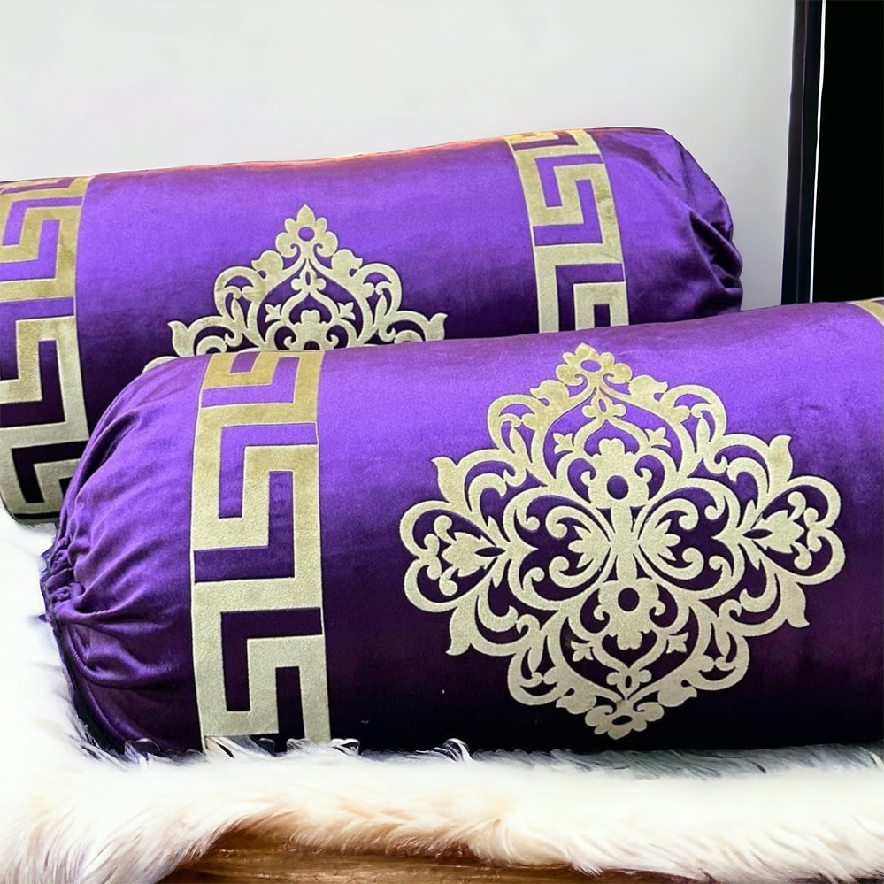 Purple Velvet Round Pillow Cover Bolster Case - Pack of 2