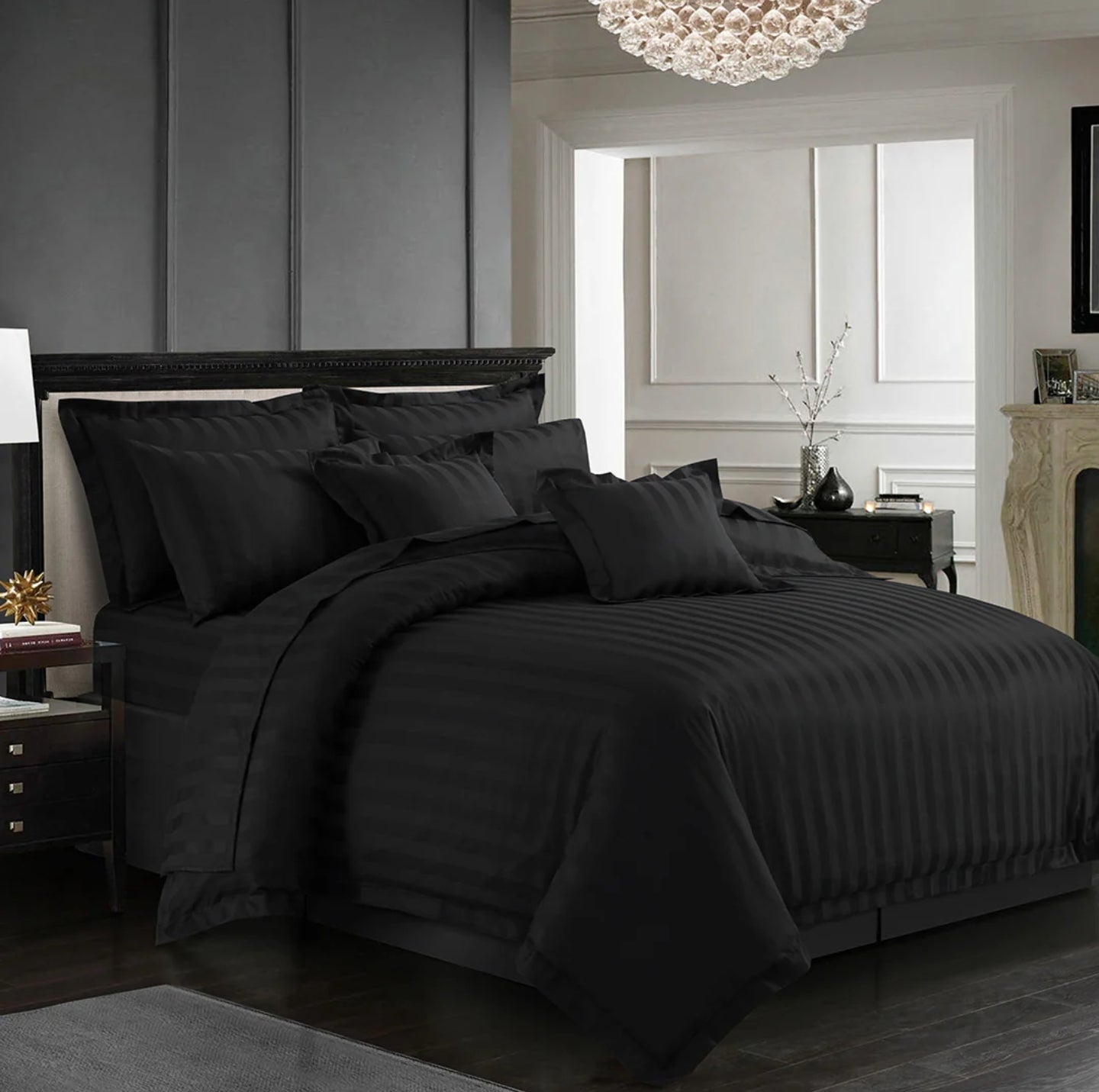 Black Striped Cotton Satin Duvet Cover Set - 8 Pieces