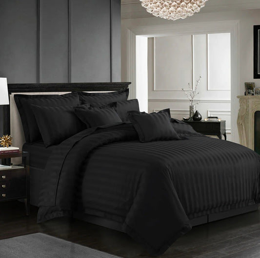 Black Striped Cotton Satin Duvet Cover Set - 8 Pieces