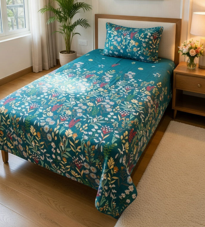Bed with floral patterned bedspread in a bedroom setting