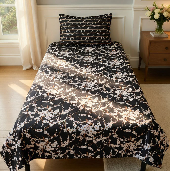 Black Floral Printed Single Bedsheet