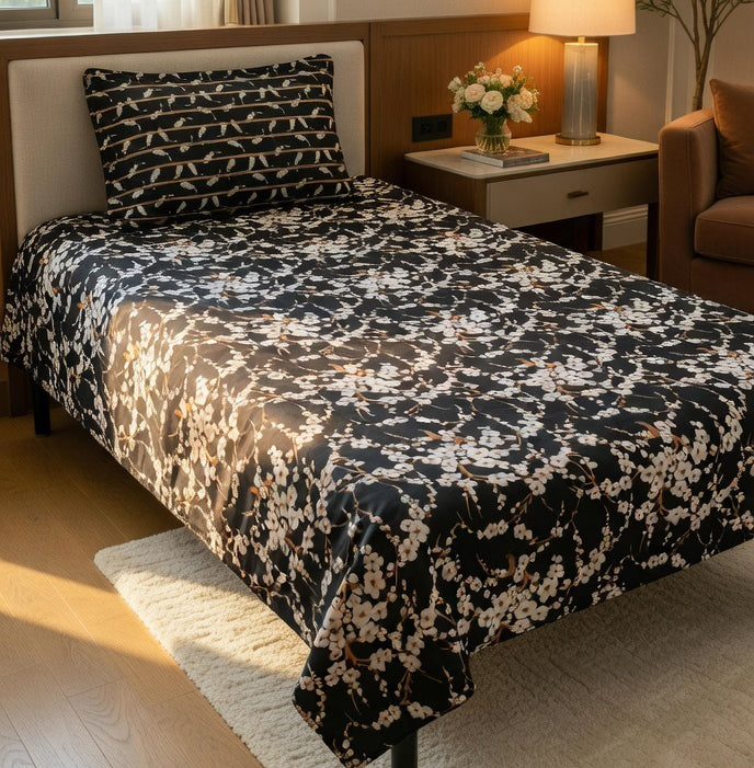 Black Floral Printed Single Bedsheet