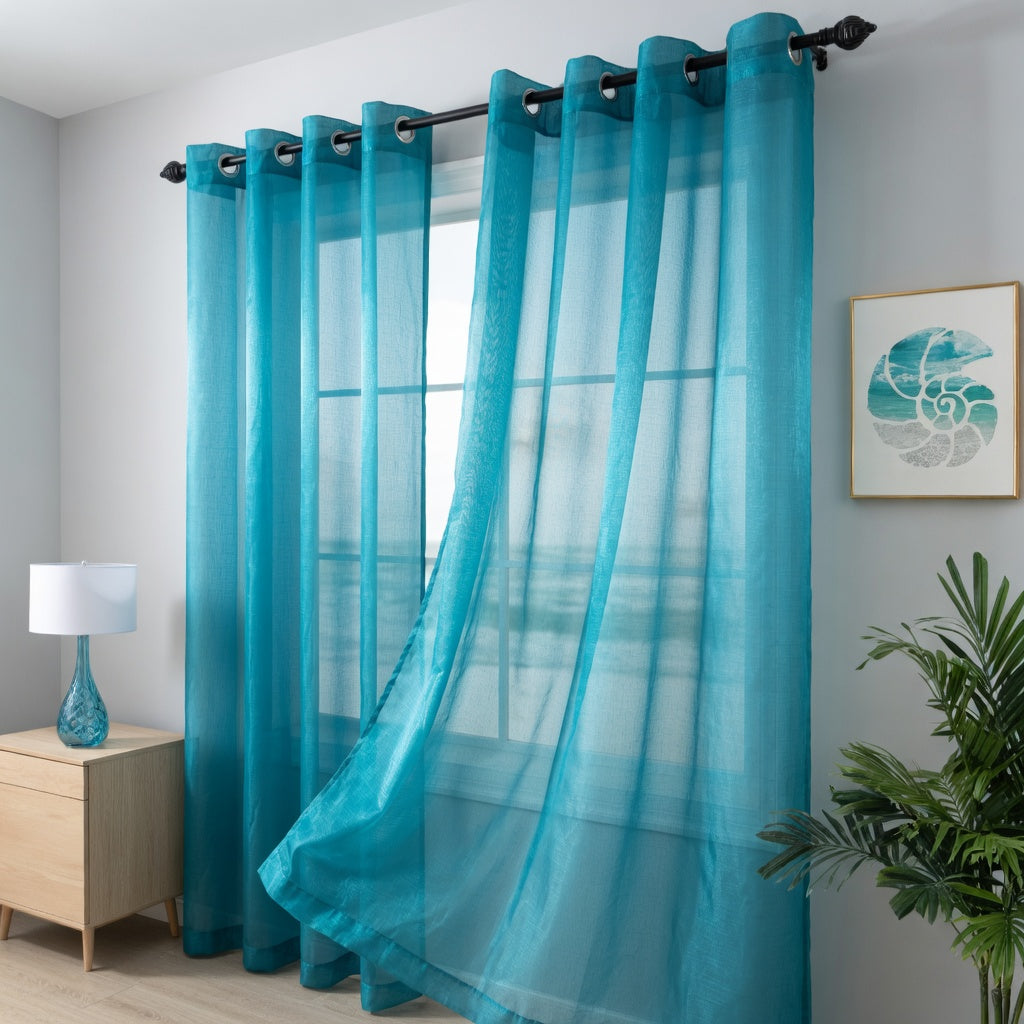 Turquoise Teal Eyelet Sheer Curtain Pair
