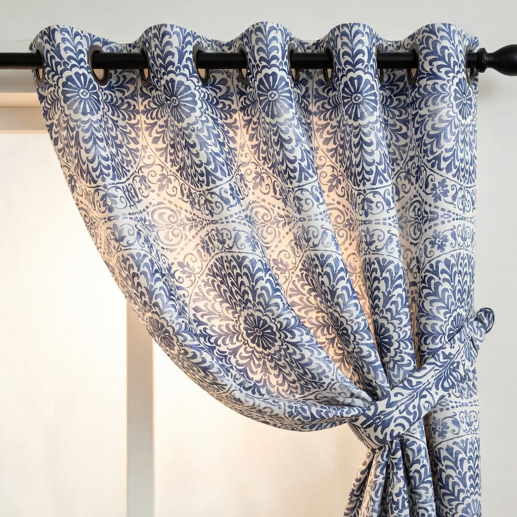 Blue Medallion Floral Cotton Curtain