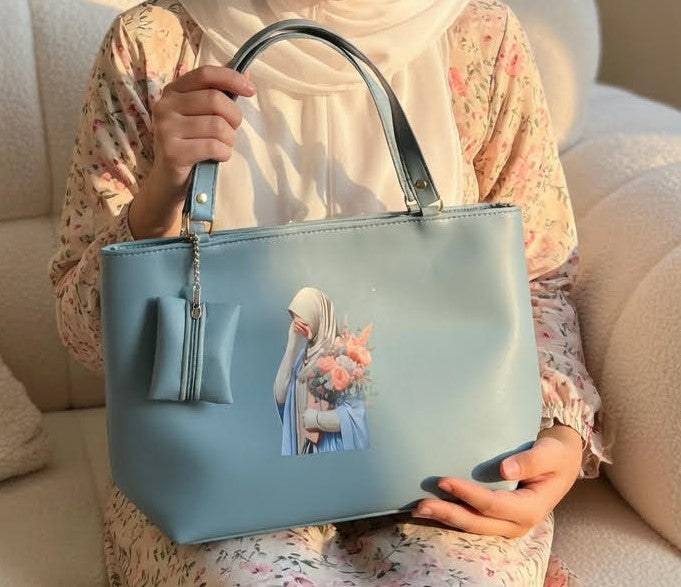 Baby Blue Floral Hijab Tote Bag