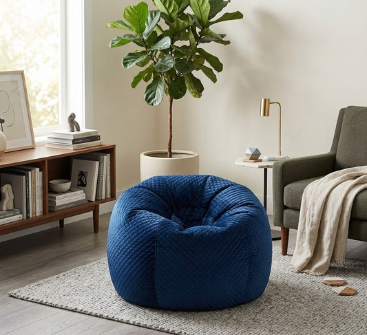 Elegant Blue Velvet Quilted Bean Bag for Adults