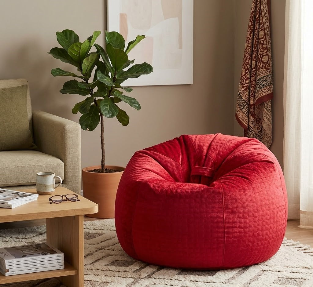 Elegant Red Velvet Quilted Bean Bag for Adults
