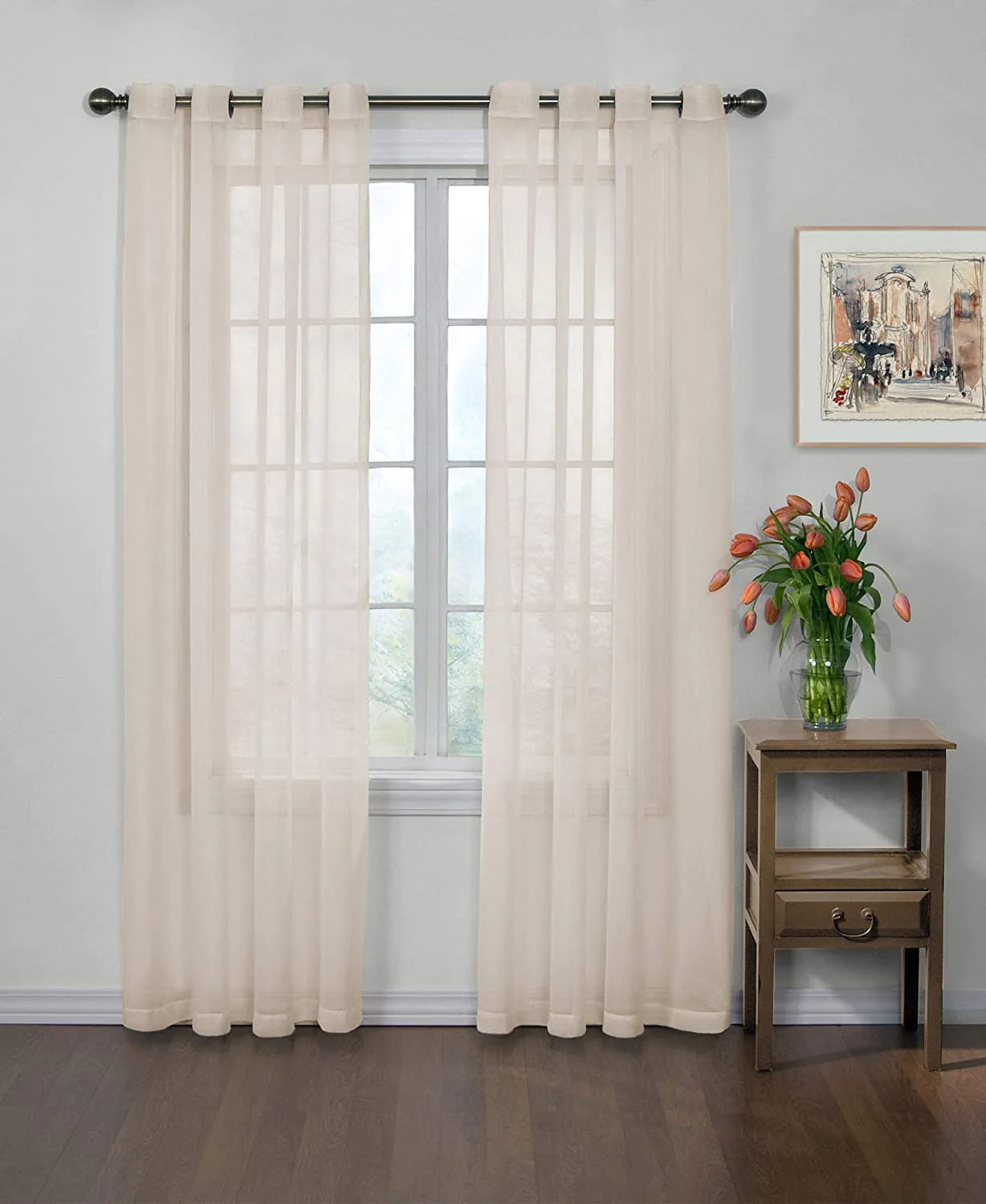 Plain Beige Net Sheer Chiffon Curtain - Pair