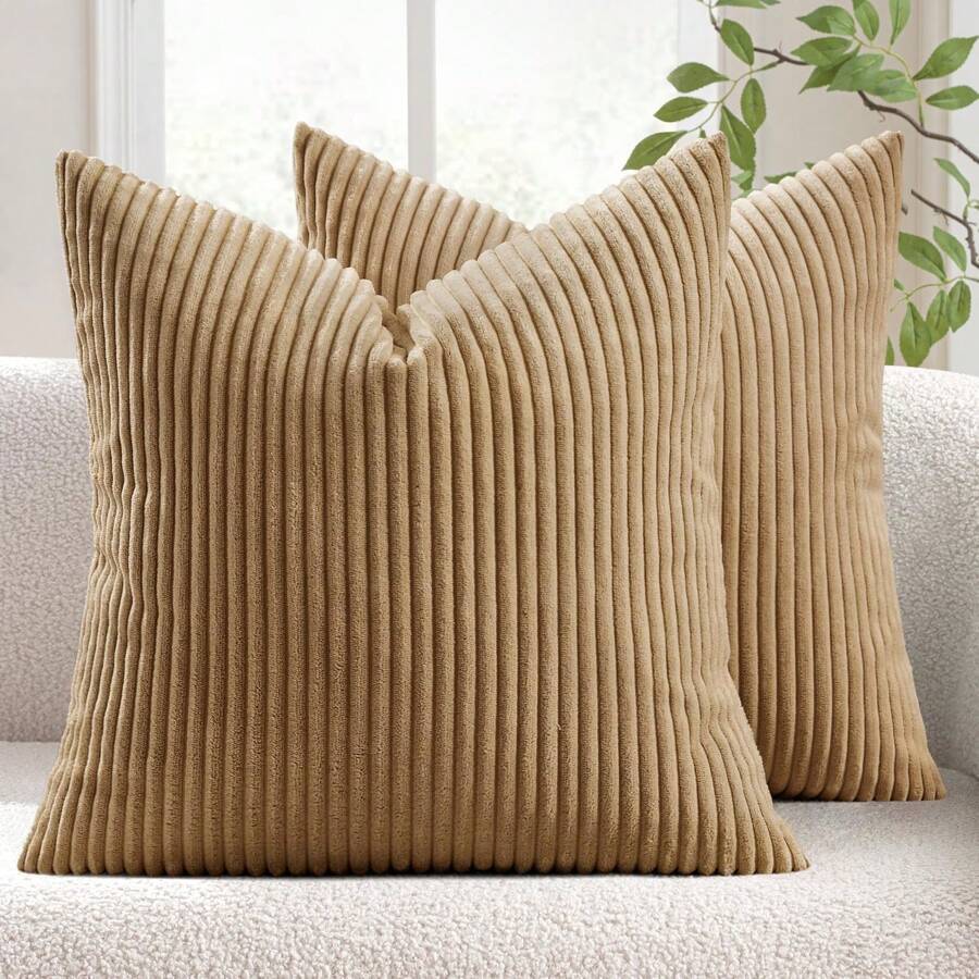 Set of 2 Beige Corduroy Striped Velvet Cushion Covers for Sofa & Living Room