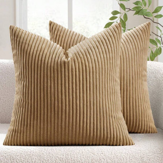 Set of 2 Beige Corduroy Striped Velvet Cushion Covers for Sofa & Living Room