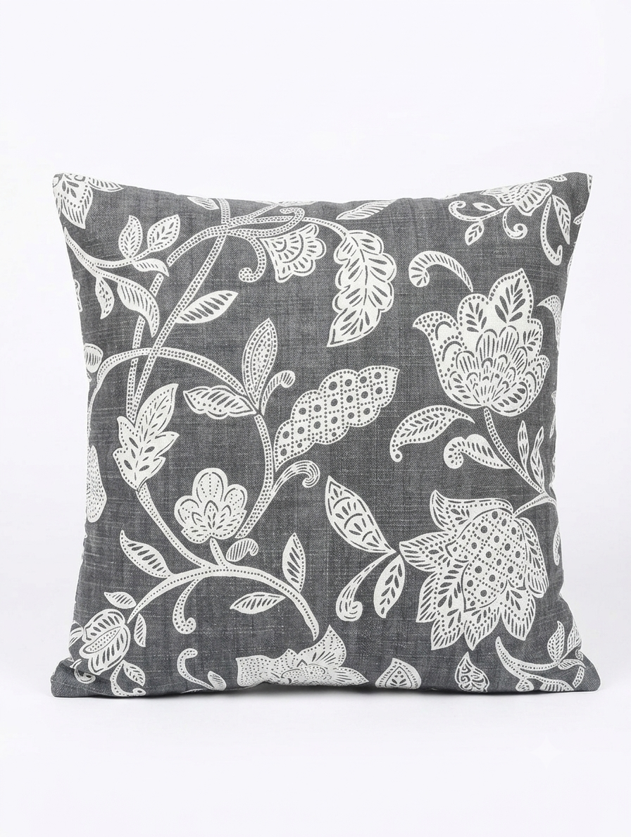 Charcoal Grey Floral Duck Cotton Cushion Cover