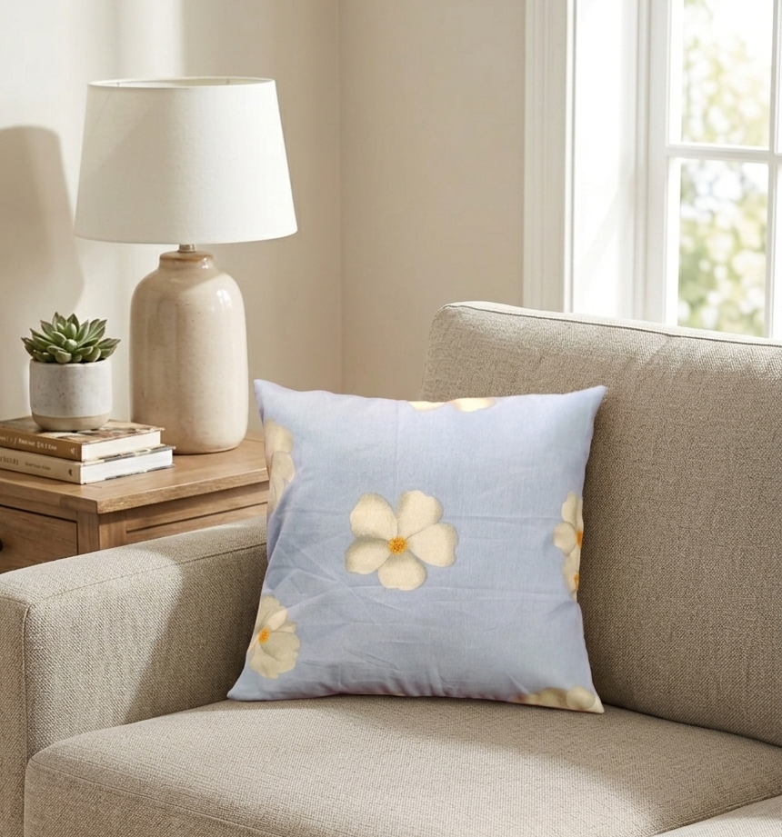 Soft Light Blue Cotton Floral Throw Cushion Cover