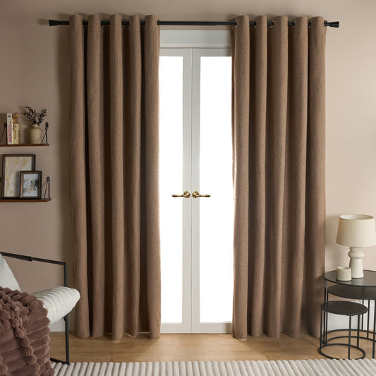 Brown Boucle Plain Eyelet Curtains - Pair