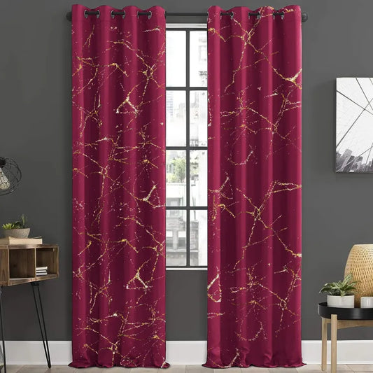 Maroon Gold Pattern Velvet Curtains - Pair