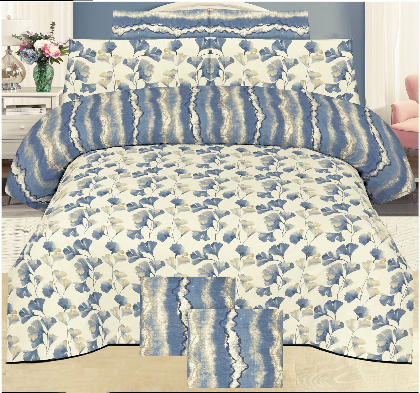 6 Pc's Pure Cotton King Size Bed Comforter & Flat Sheet Set