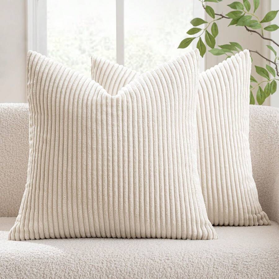 Set of 2 Cream Corduroy Striped Velvet Cushion Covers for Sofa & Living Room