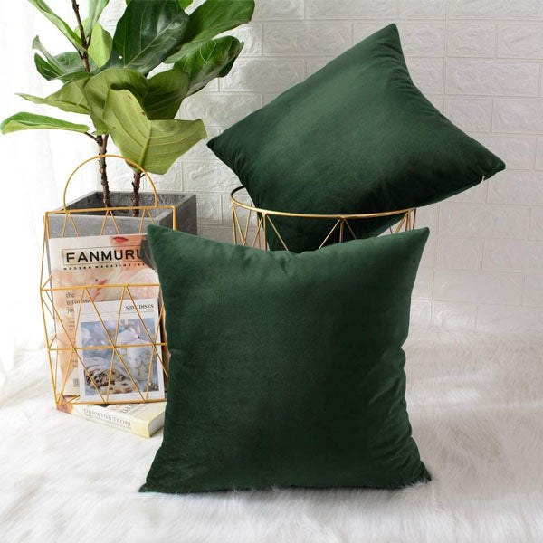 Pack of 2 Plain Soft Velvet Cushion Cover-Green