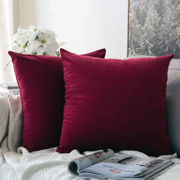 Pack of 2 Plain Soft Velvet Cushion Cover-Maroon