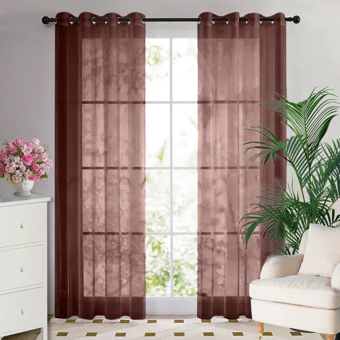 Dark Brown Eyelet Sheer Curtain Pair