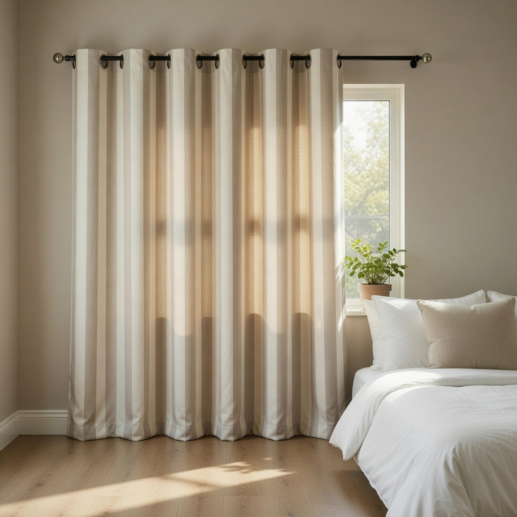 Beige Duck Cotton Pencil Pleat Stripe Curtain