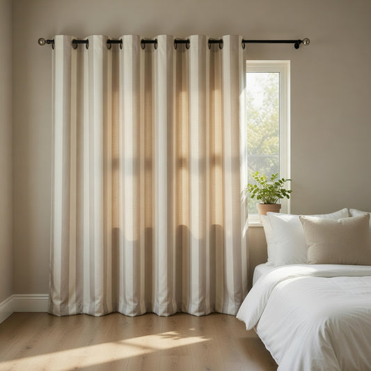 Beige Duck Cotton Pencil Pleat Stripe Curtain